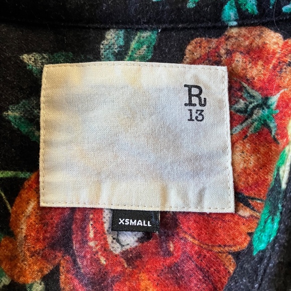 R13 Oversize Black Floral Flannel Drop Neck Tuxedo Shirt Oversized One Size - Picture 7 of 10